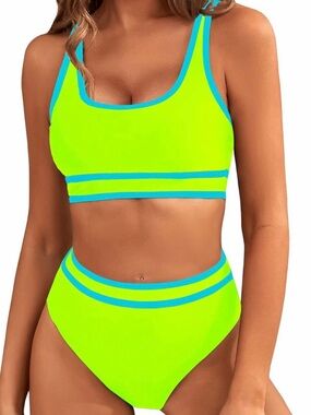 Blooming Jelly Women High Waisted Bikini Set Neon‎ Yellow Blue Size S NWT